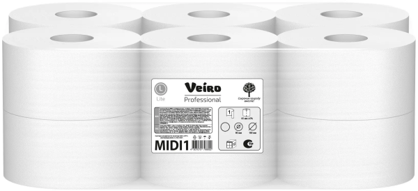 Бумага туалетная 1 сл. 180 м. / ВИК LITE / MIDI 1, белая, восст. целлюлоза, от Веиро / Veiro
