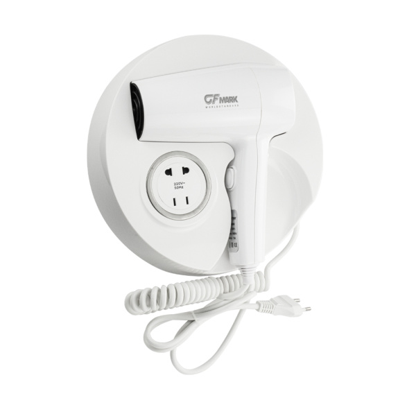 Фен для волос 1600 Вт. в ванную комнату с боковым креплением, с розеткой, на круглом основании - GFm (1 шт.)