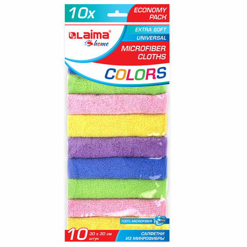  Салфетки из МИКРОФИБРЫ 30х30 см MULTI COLOUR, big pack, КОМПЛЕКТ 10 шт., 180 г/м2, LAIMA HOME, 607794