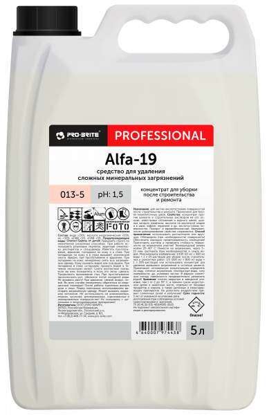 Кислотное средство для уборки помещений после строительства 5 л. - ALFA 19 от PRO-BRITE (1 шт.)