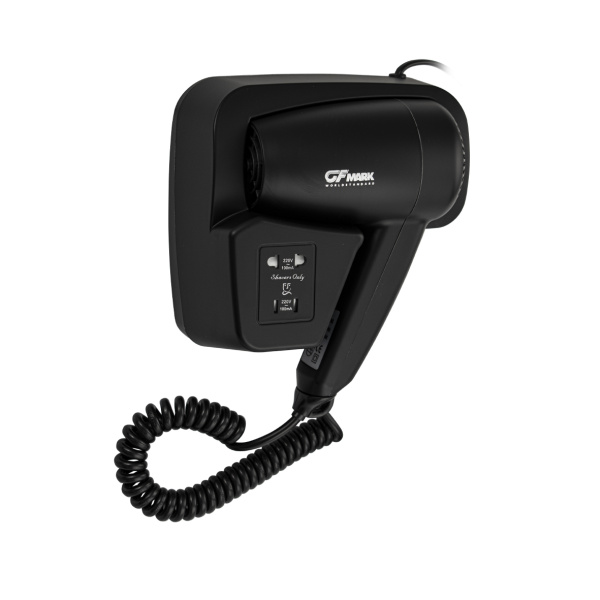 Фен для волос 1200 Вт. в ванную комнату с боковым креплением, с розеткой, черного цвета - GFmark (1 шт.)