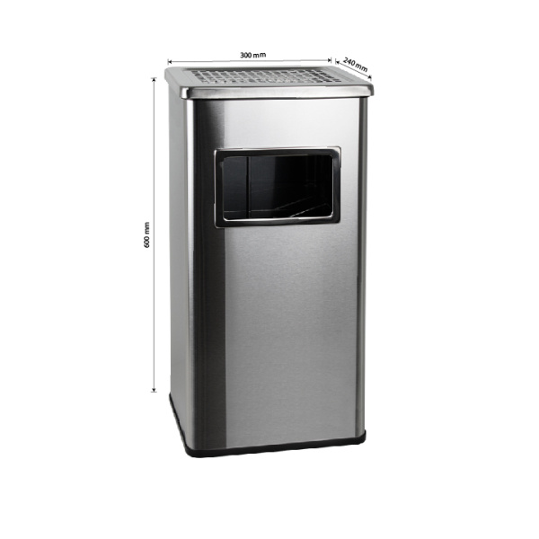 Урна с пепельницей прямоугольная, из нержавеющей стали SUS 410, Ш-30см, В-61см, Г-24см, 40л, с пласт