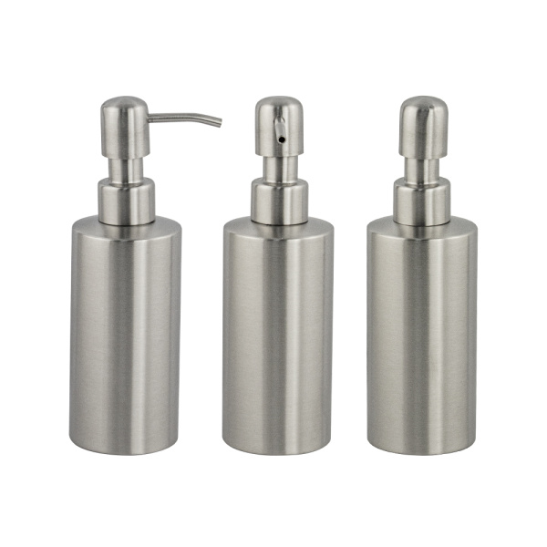 Дозатор для жидкого мыла настольный, 310 мл, цилиндрический корпус, из нержавеющей стали SUS 304