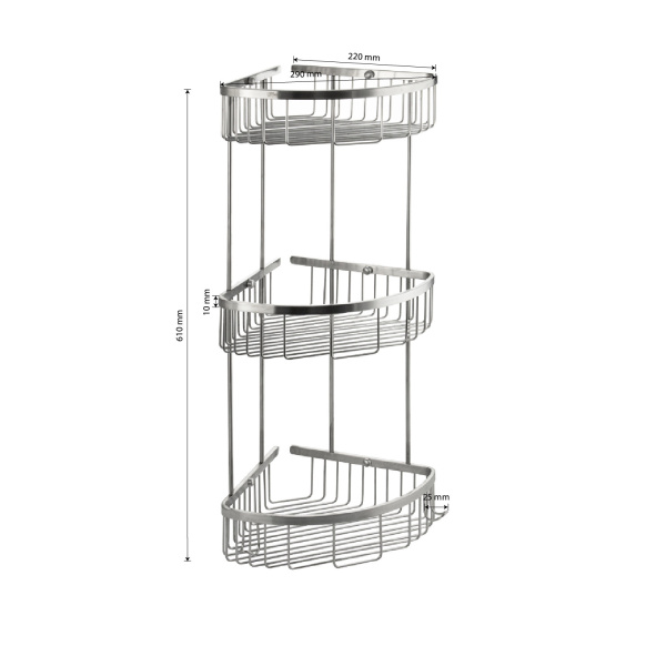 GFmark - Полочка 22 см тройная, угловая, овальная, решётка, АНТИВАНДАЛЬНАЯ, из нержавеющей стали мар