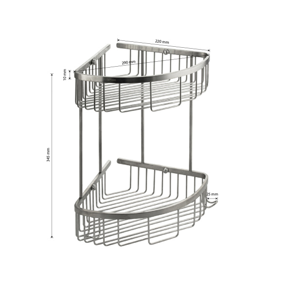 GFmark - Полочка 22 см двойная, угловая, овальная, решётка, АНТИВАНДАЛЬНАЯ, из нержавеющей стали мар