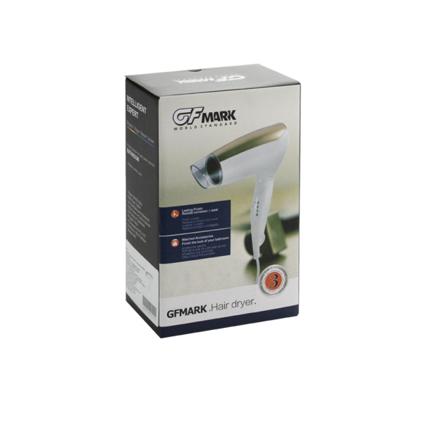 Фен для волос 1600 Вт. в ванную комнату, переноской без креплений, белый с золотом - GFmark