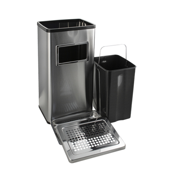 Урна с пепельницей прямоугольная, из нержавеющей стали SUS 410, Ш-30см, В-61см, Г-24см, 40л, с пласт